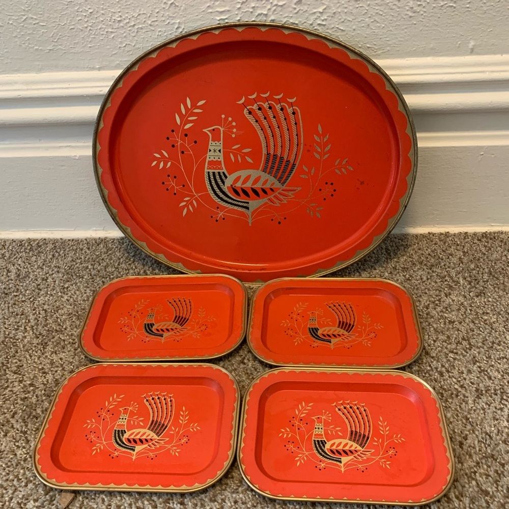 Vintage mcm peacock trays mod retro bird